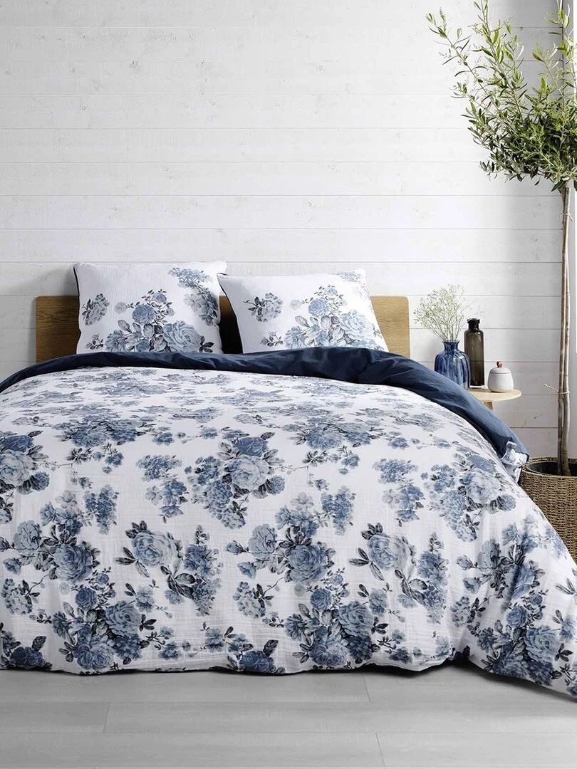 Housse de couette 260x240 + 2 taies Roselia double gaze de coton 57 fils Bleu