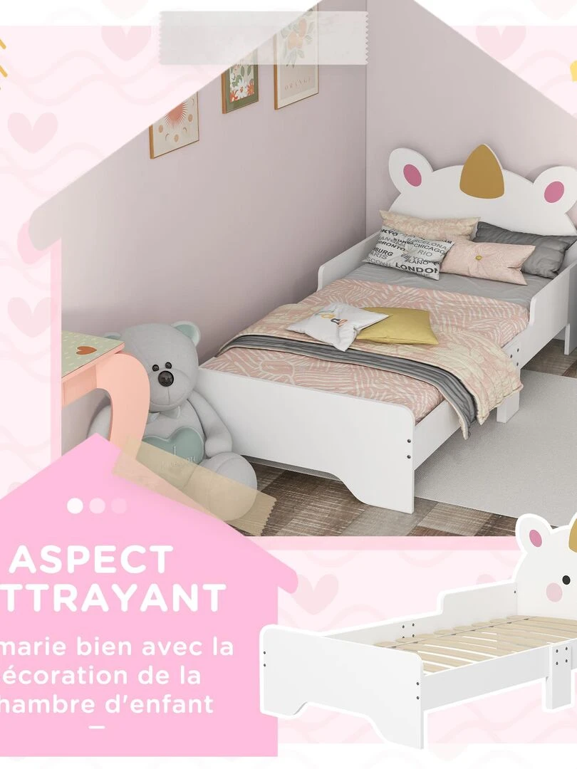 Lit enfant design licorne   sommier à lattes inclus   rose   Blanc