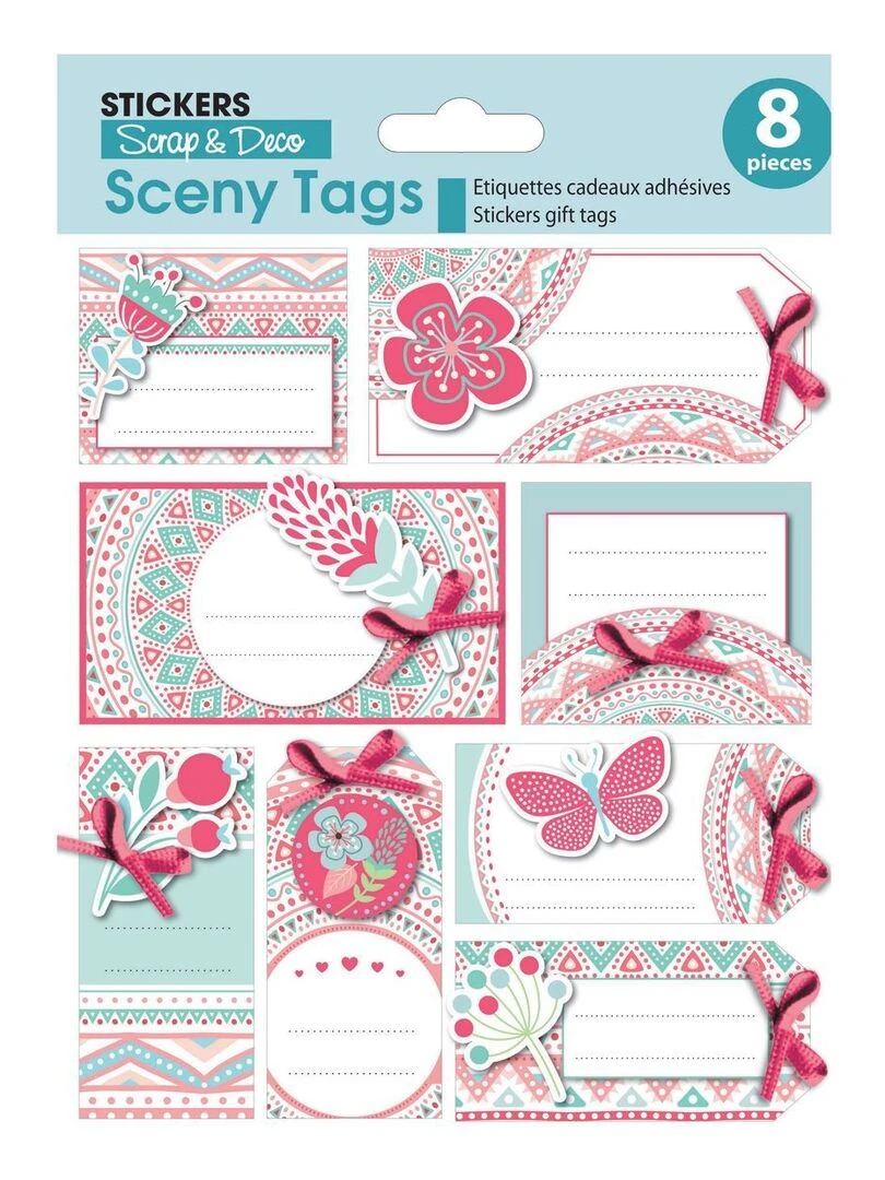 8 étiquettes autocollantes cadeaux Papillons et fleurs Paillettes et rubans N/A
