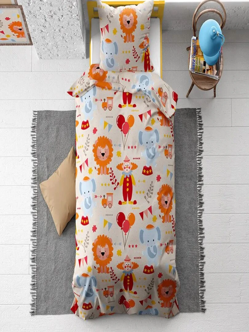 Parure de Lit Enfant Coton Animaux du Cirque Beige