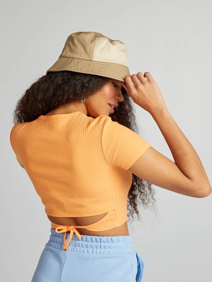 T shirt cropped côtelé avec liens Orange