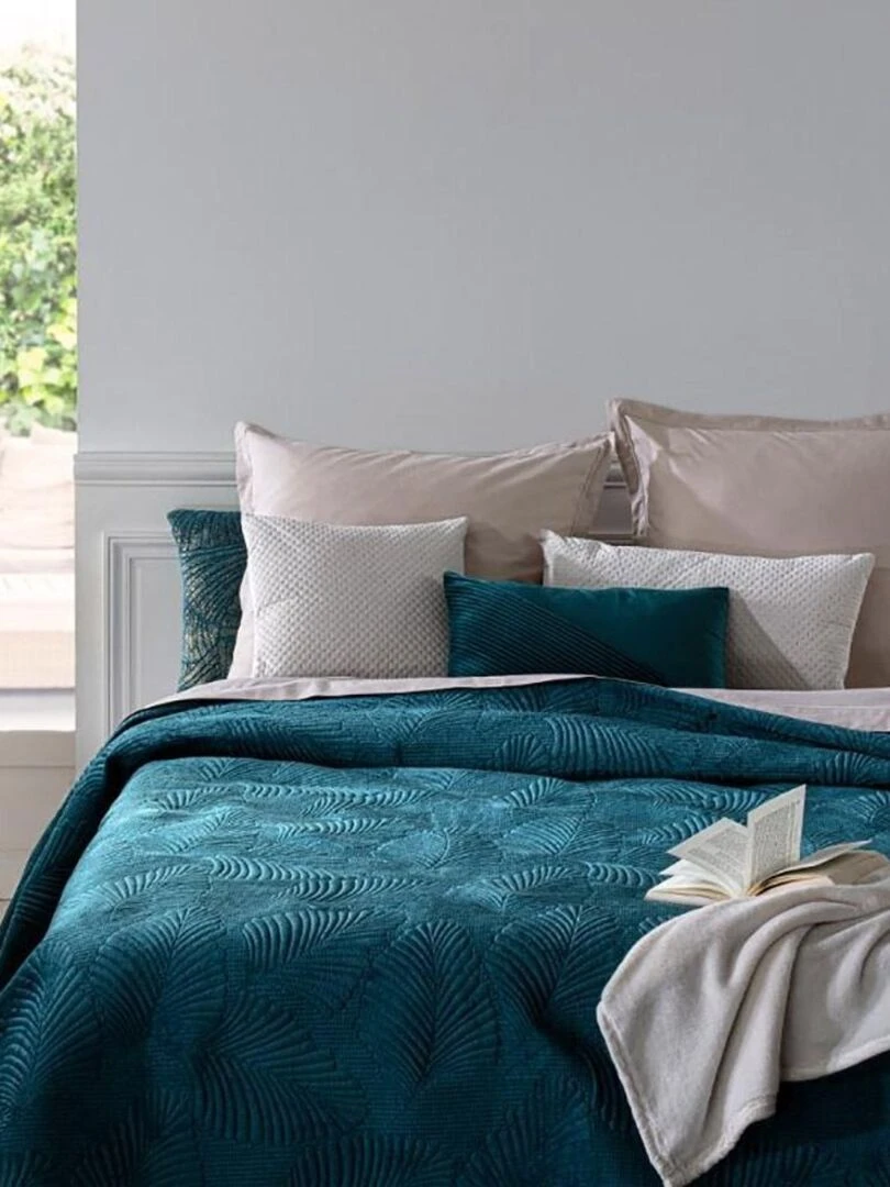 Dessus de lit velours 240x260 Feuille canard Bleu