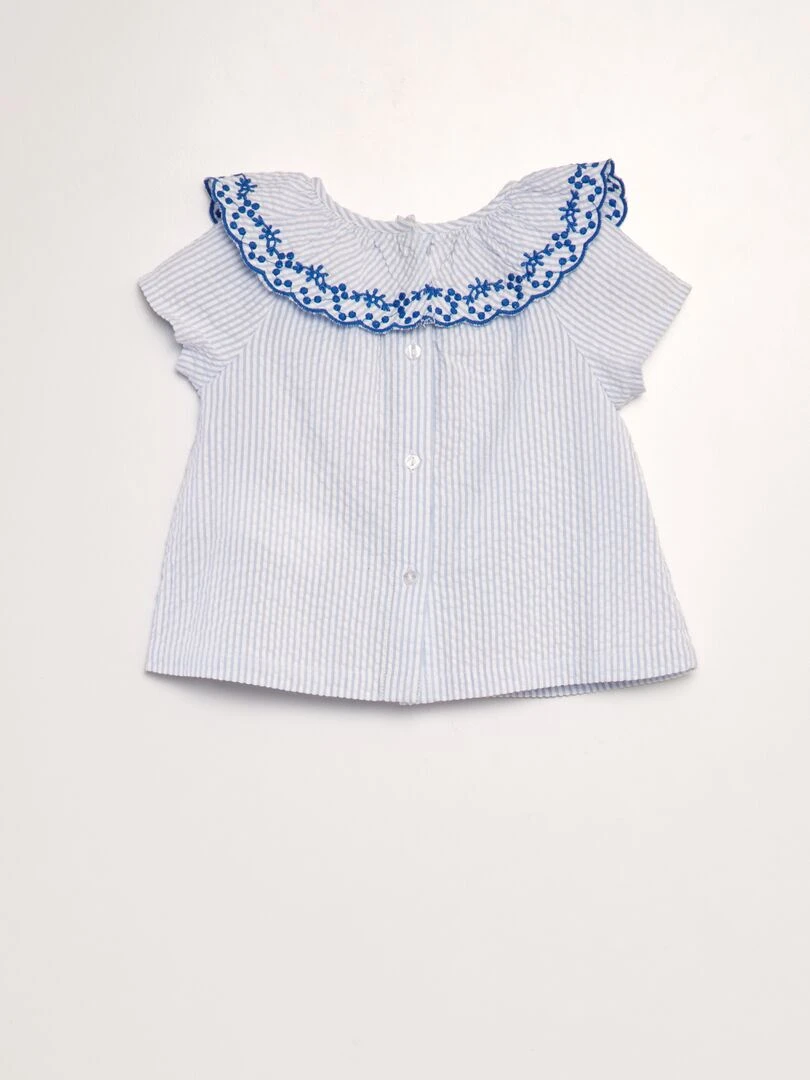 Ensemble blouse + short rayé et brodé   2 pièces   Bleu