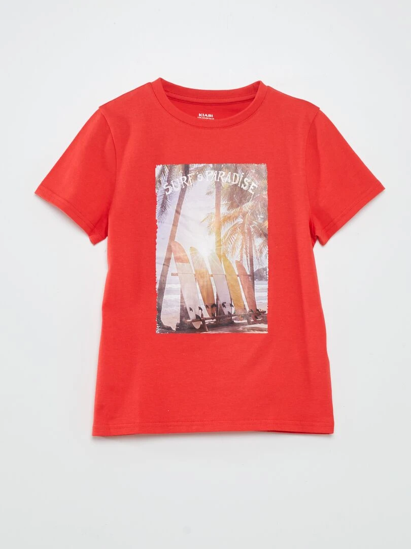 T shirt à col rond avec imprimé Rouge