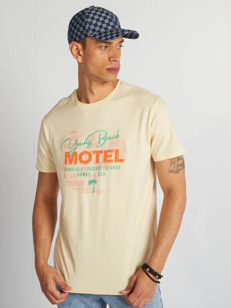 T shirt en coton imprimé à col rond Beige 'Motel'