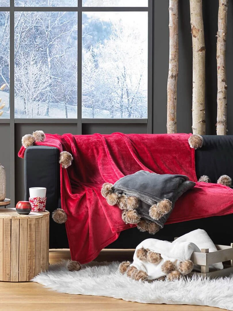 Plaid à pompons 125x150 cm flanelle unie Snowy gris   Gris