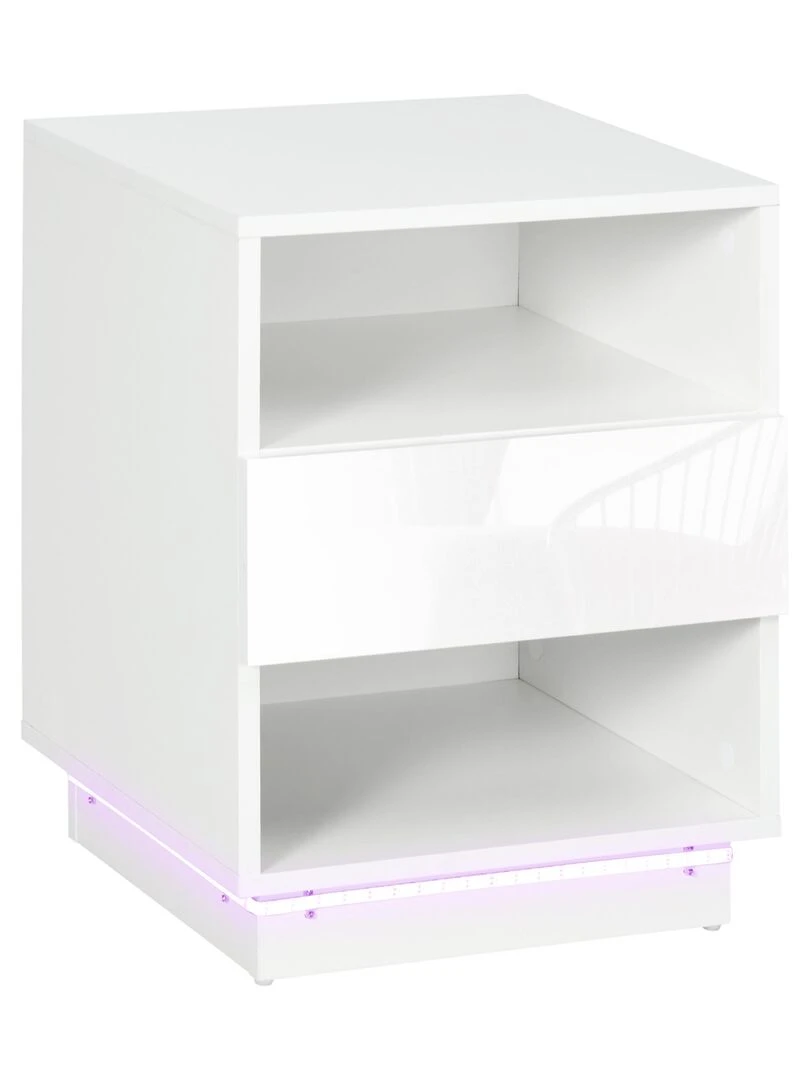 Table de chevet LED tiroir niches plateau blanc brillant laqué Blanc