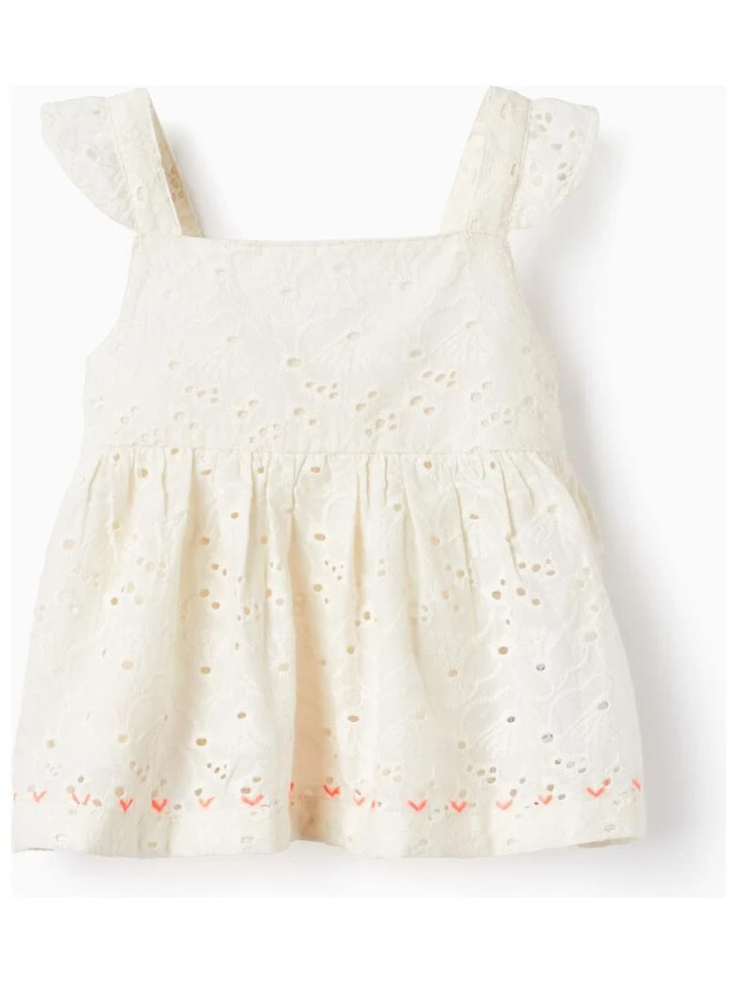 Haut En Coton Avec Broderie Anglaise Pour Bébé Fille manches courtes Blanc
