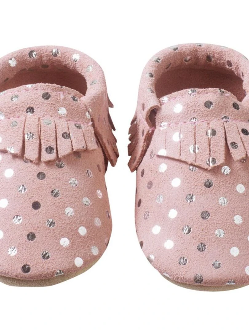 Chaussons cuir souple à franges à pois Rose
