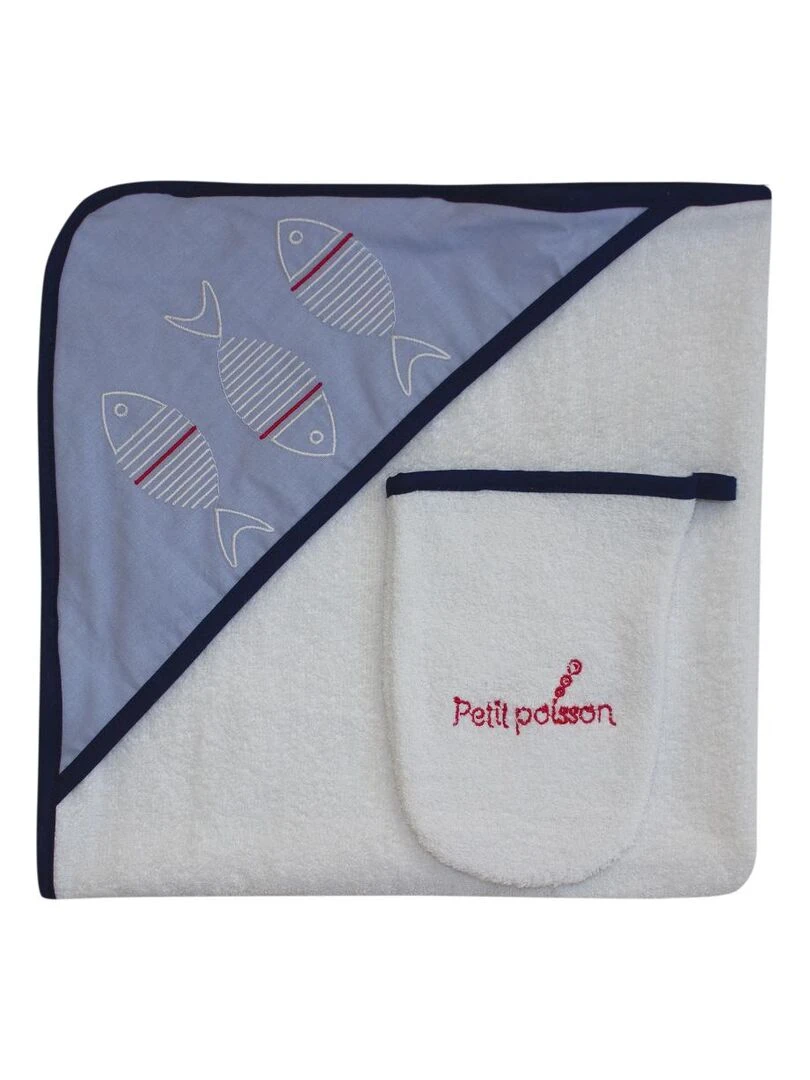 Sortie de bain + Gant "POISSON" LES CHATOUNETS Bleu