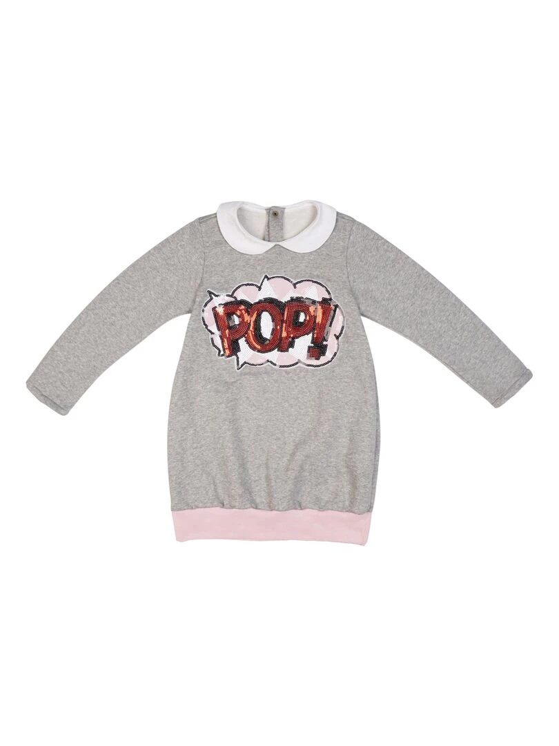 Robe Sweat Shirt Fille  Molleton Gris Souris Sequins Rose Rouge  POP   'LA FAUTE A VOLTAIRE'   Gris clair