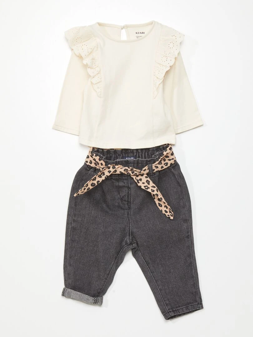 Ensemble blouse + pantalon paper bag   2 pièces   Beige/noir