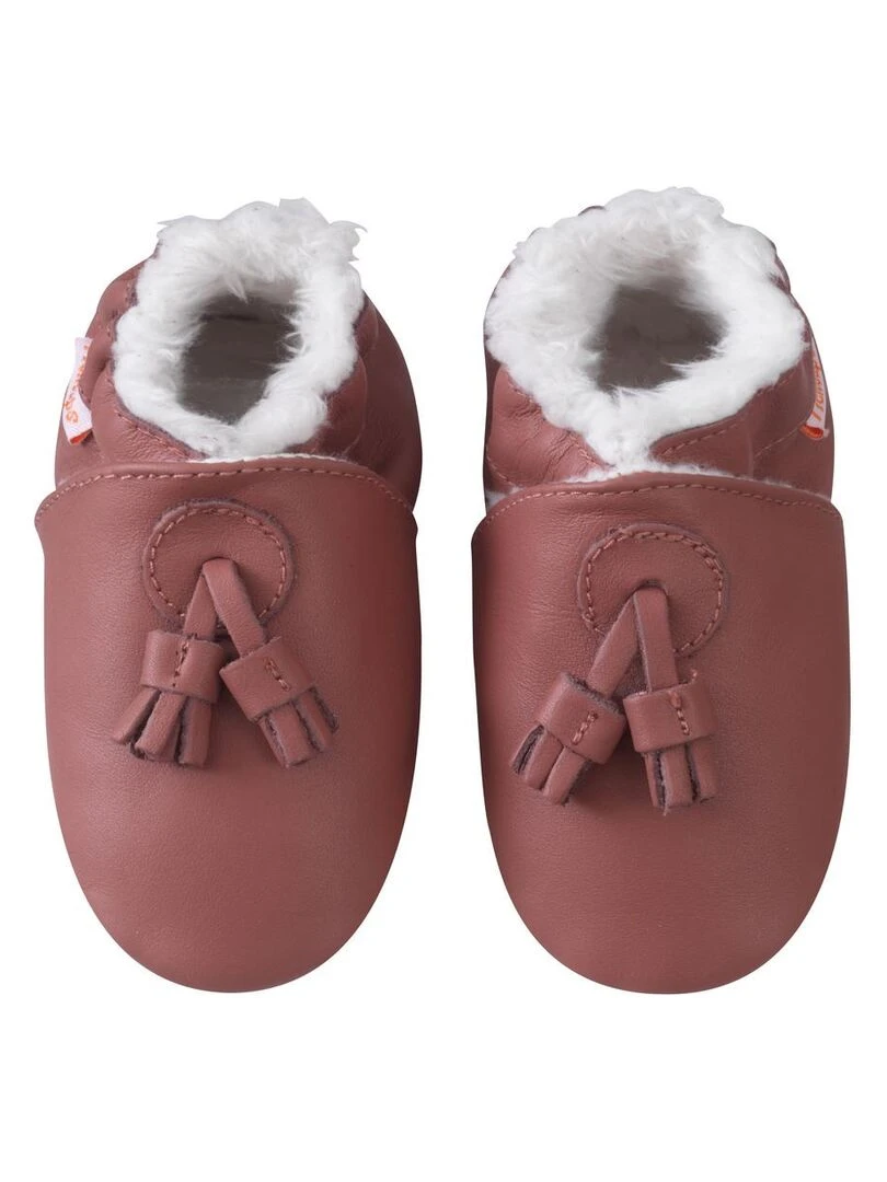 Chaussons cuir souple havane à pampilles fourrés Rouge bordeaux