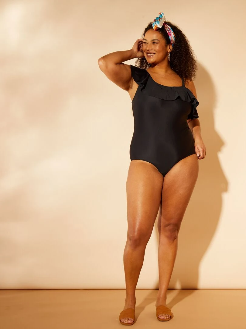 Maillot de bain asymétrique à volants   1 pièce   noir