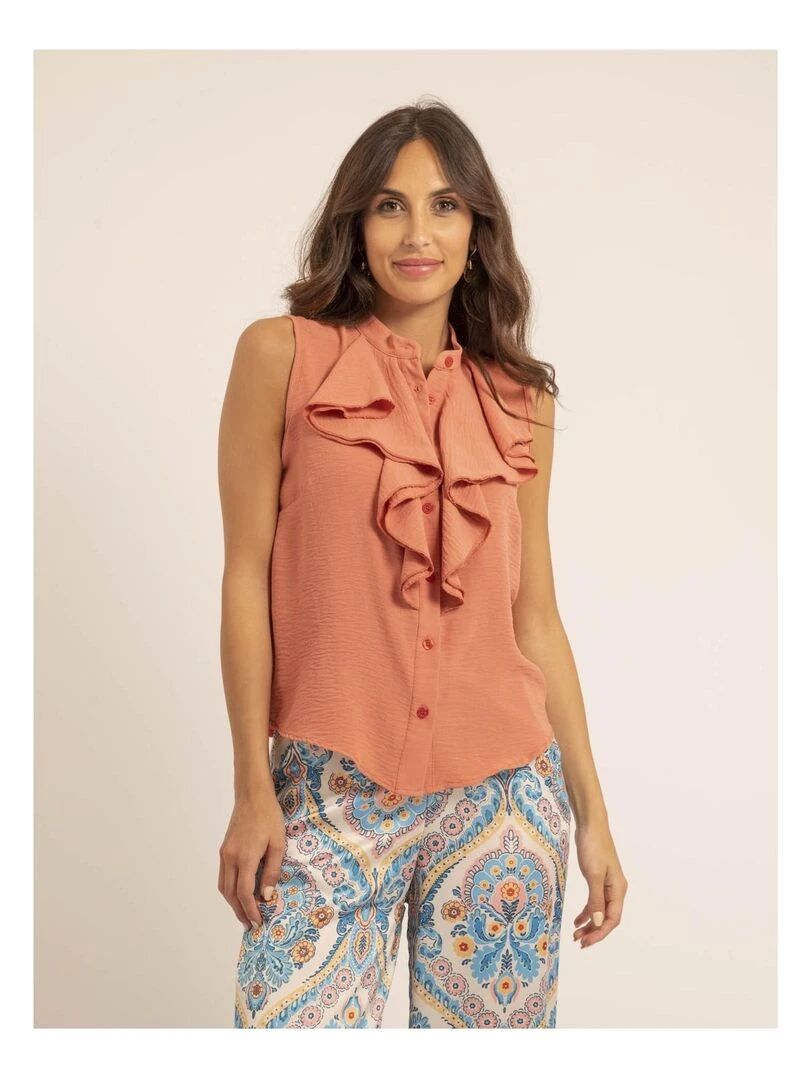 Chemise sans manches col jabot ODESSA Rose
