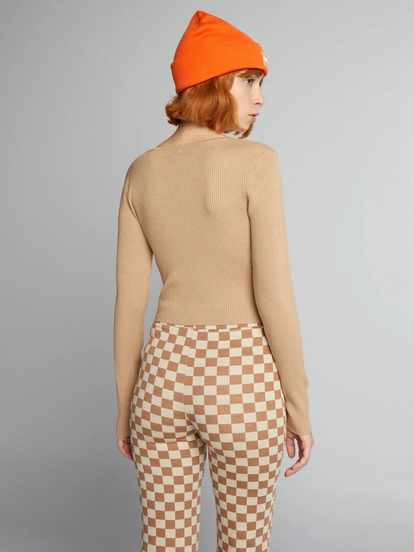 Pull côtelé avec ouverture cache cœur   Beige