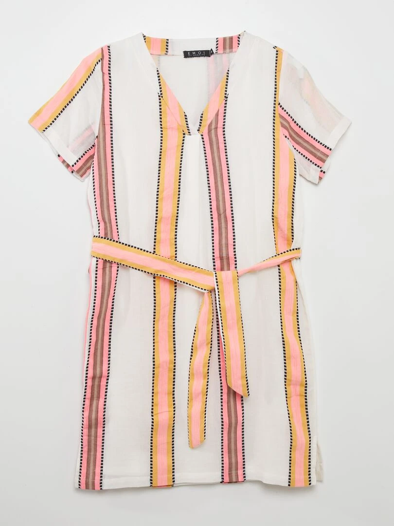 Robe midi à col V avec ceinture Blanc/rose/jaune