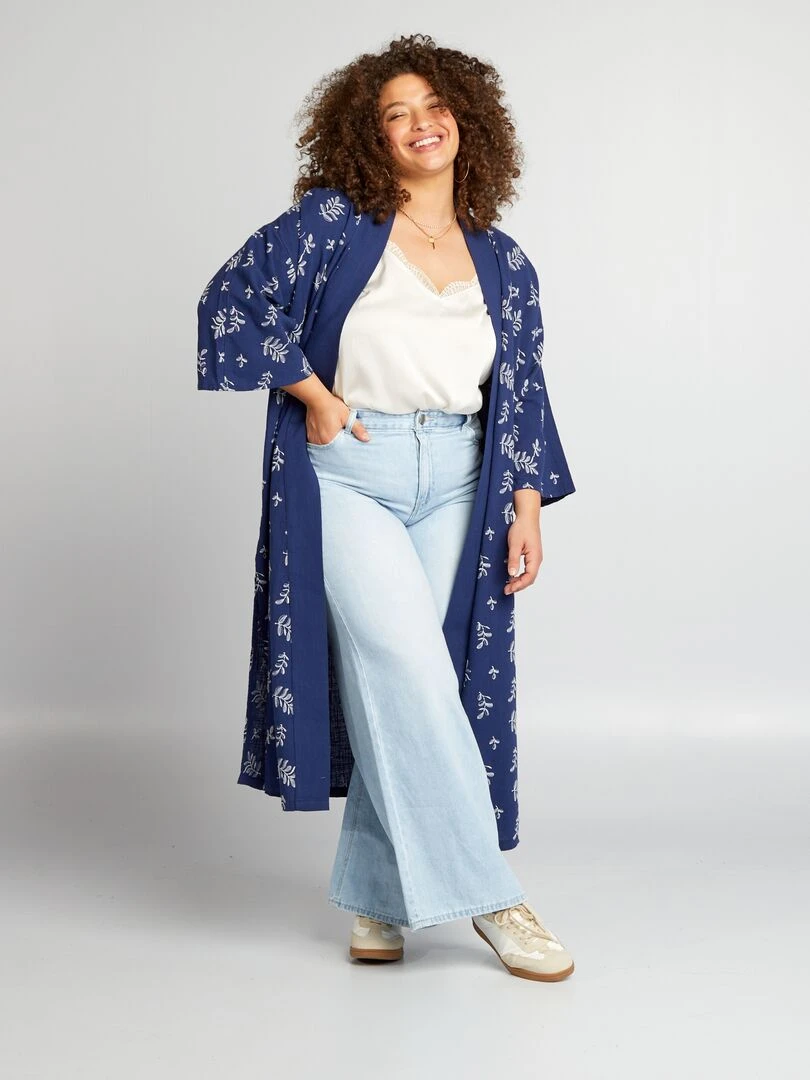 Veste type kimono avec broderie Bleu marine
