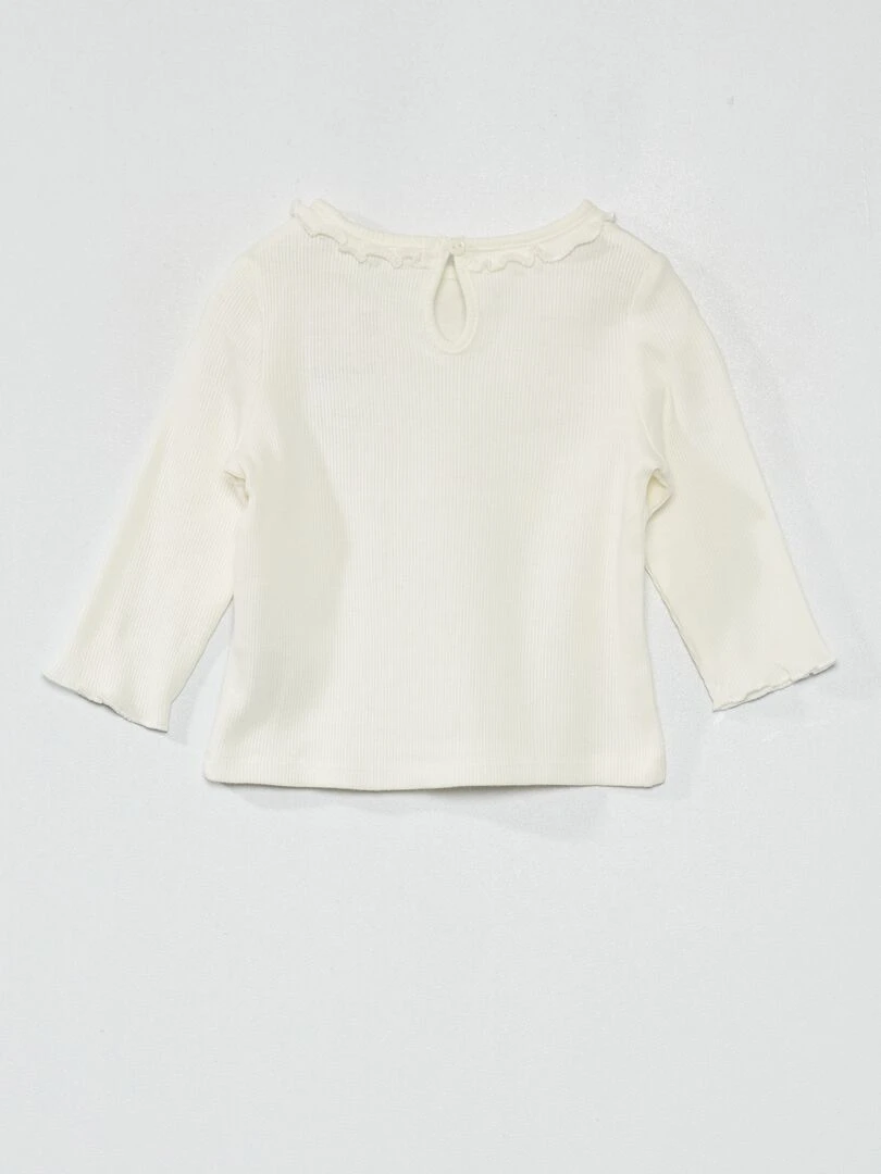 T shirt en maille côtelée col volanté blanc