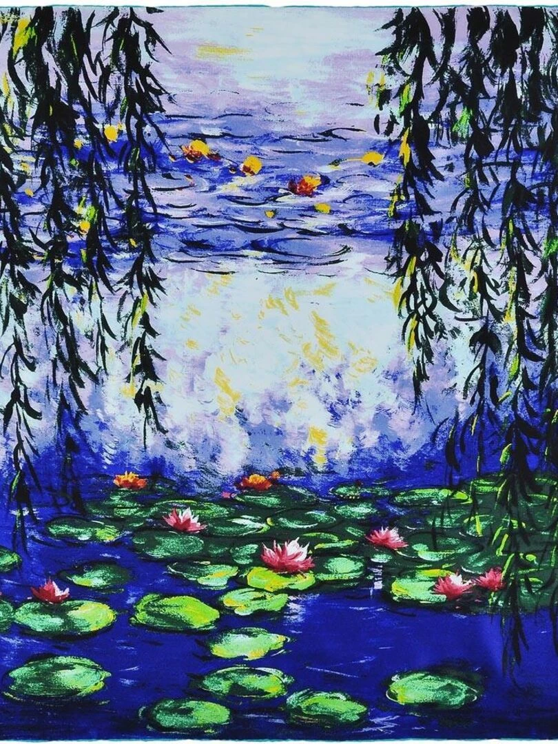 Carré de soie Monet "Nymphéas bleus et saules" Bleu