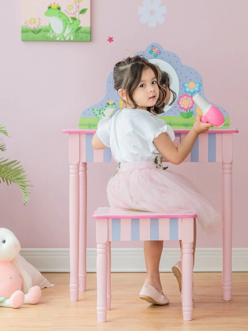 Coiffeuse enfant avec tabouret miroir meuble en bois fille rose Fantasy Fields Teamson TD 13245A Rose