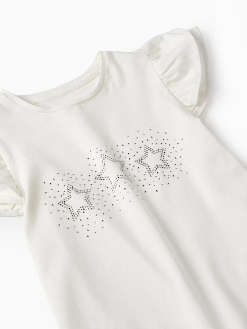 T shirt en jersey de coton avec volants et brillants pour fille manches courtes CÉRÉMONIE   Blanc