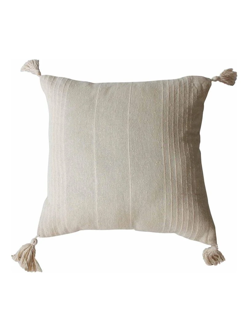 Coussin coton recyclé et pompons Beige