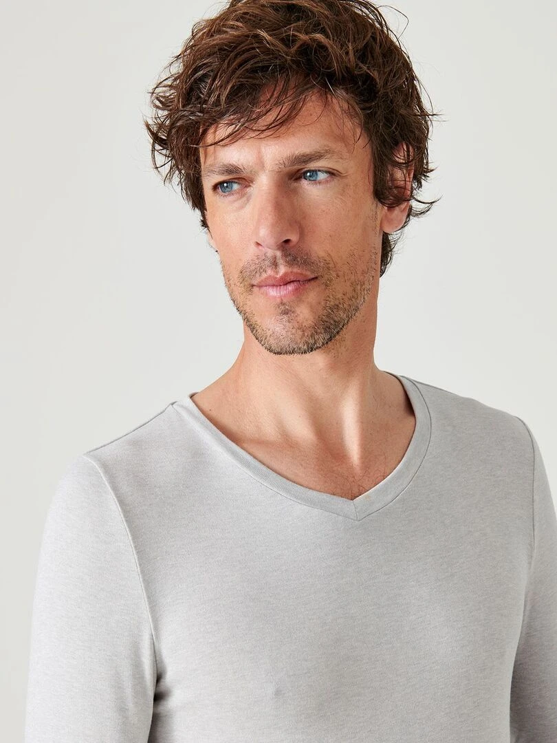 T shirt col V manches longues fine côte Thermolactyl Sensitive Damart Gris chiné