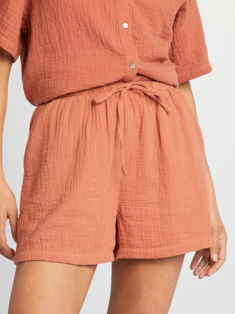 Short taille haute en double gaze de coton   Marron