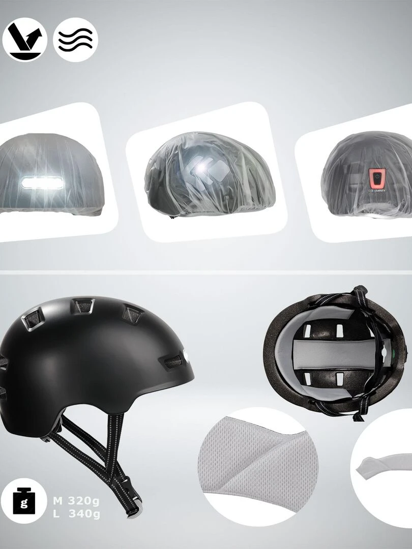 Casque Vélo Skater avec éclairage avant et arrière   Noire L(57 61cm)   EN1078   Noir Noir