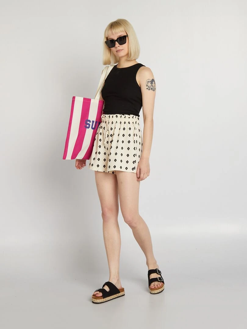 Short stretch à taille élastiquée Beige/noir