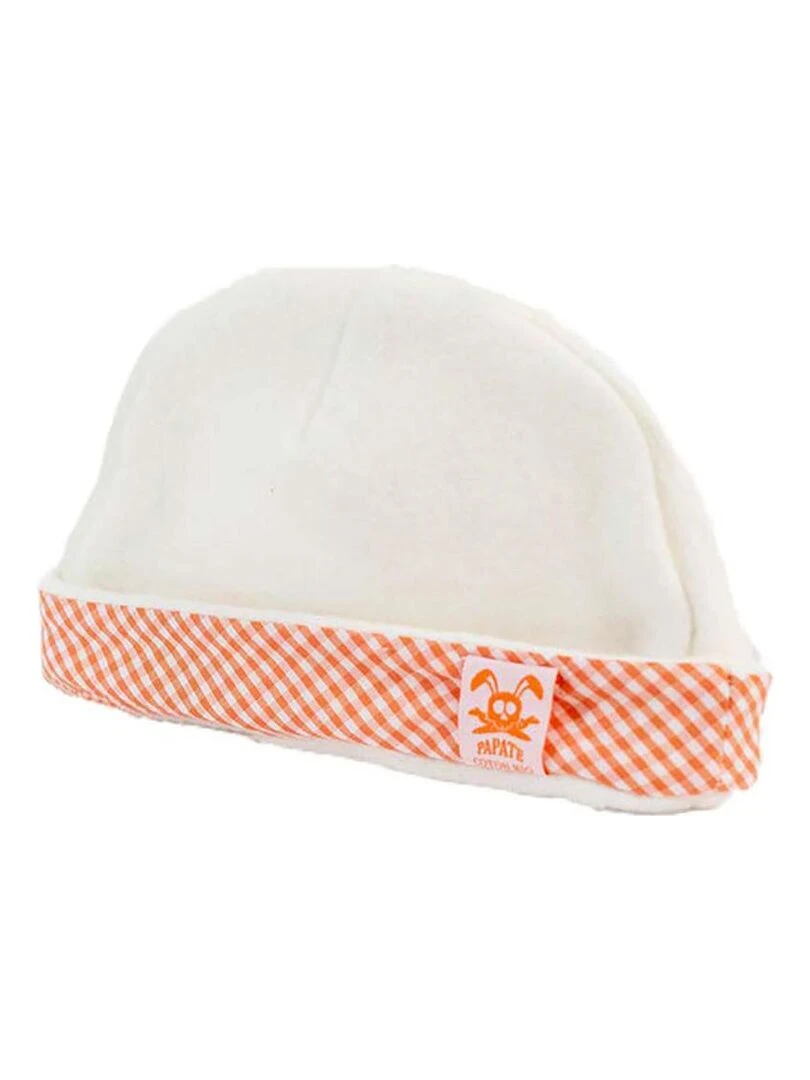 Bonnet de Naissance en Coton Bio Blanc et Vichy Orange
