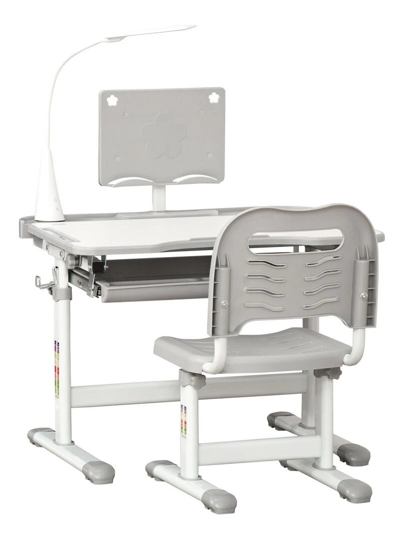 Bureau enfant avec chaise réglables lampe et support inclus Gris