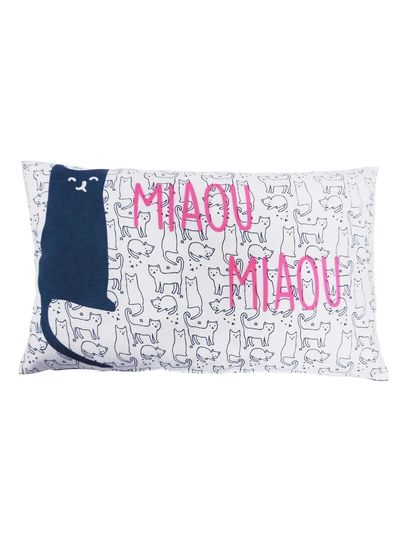 Future Home Coussin coton blanc et bleu avec chat 30x50cm Blanc