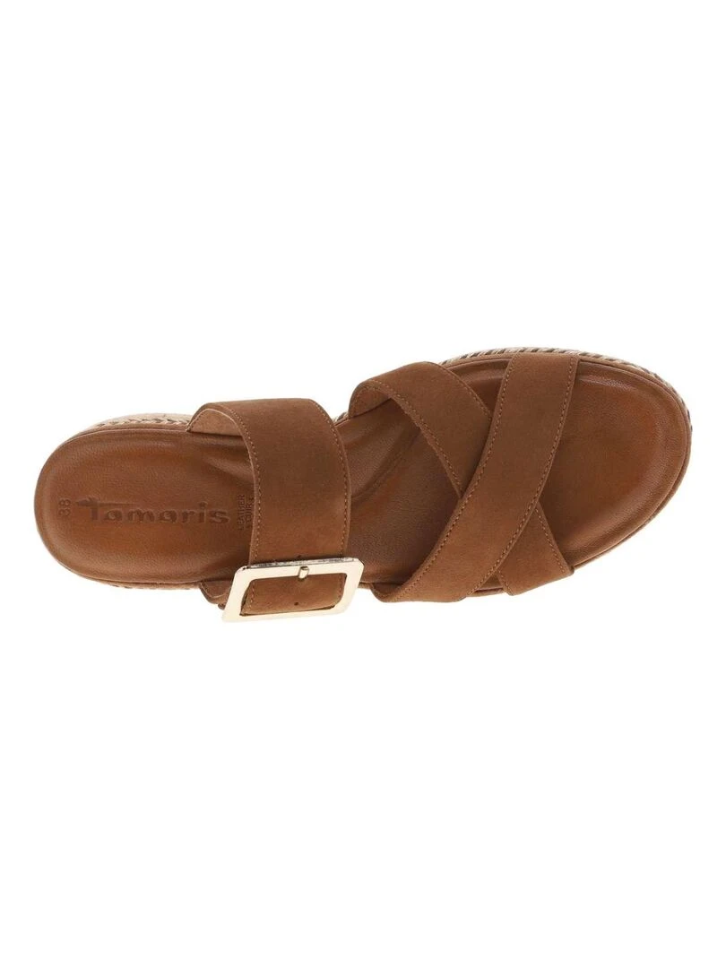 TAMARIS   Mules cuir talon compensé   Cognac
