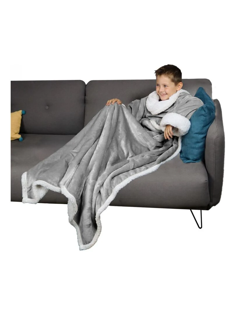 Couverture polaire plaid intégral avec manches et poche Sherpa et flanelle Vivezen Gris