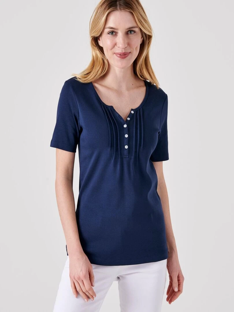 T shirt fine côte pur coton Damart Bleu marine