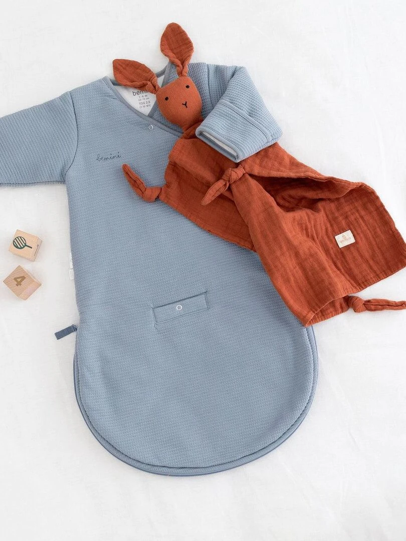 Bemini Gigoteuse avec moufles Pady waffle et jersey bio Bleu gris