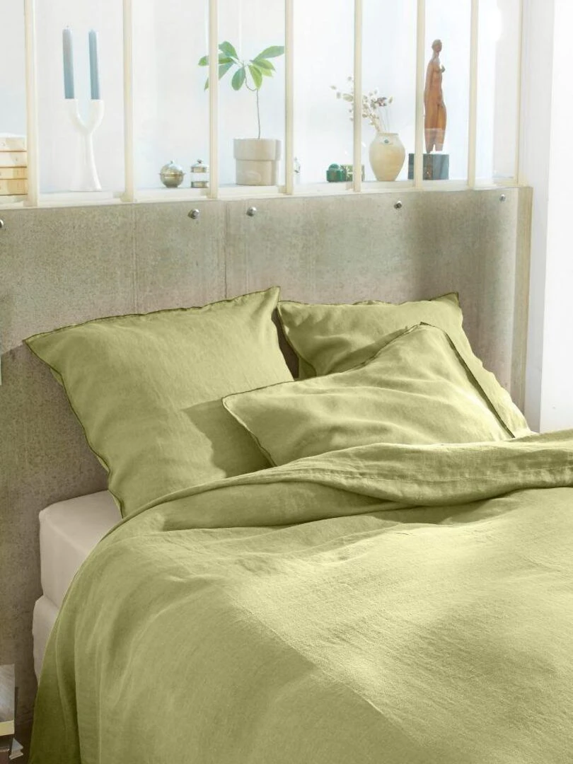 Housse de couette + 2 taies d'oreiller 65x65 cm en lin Français lavé   Jaune