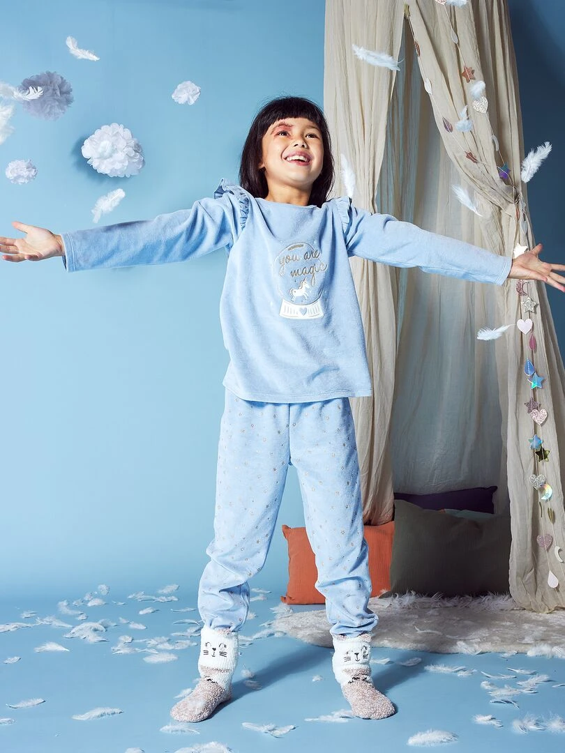 Pyjama long en velours 2 pièces Bleu