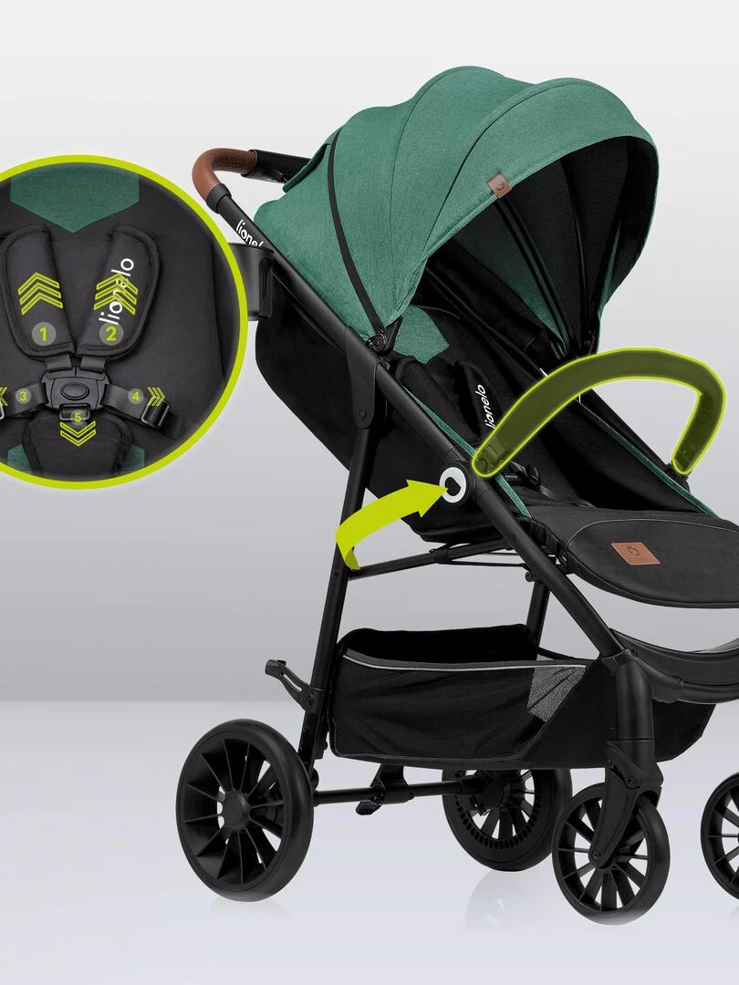 LIONELO Zoey   Poussette bébé compacte Buggy   De 6 à 36 mois   Capote XXL   Vert   Noir Vert