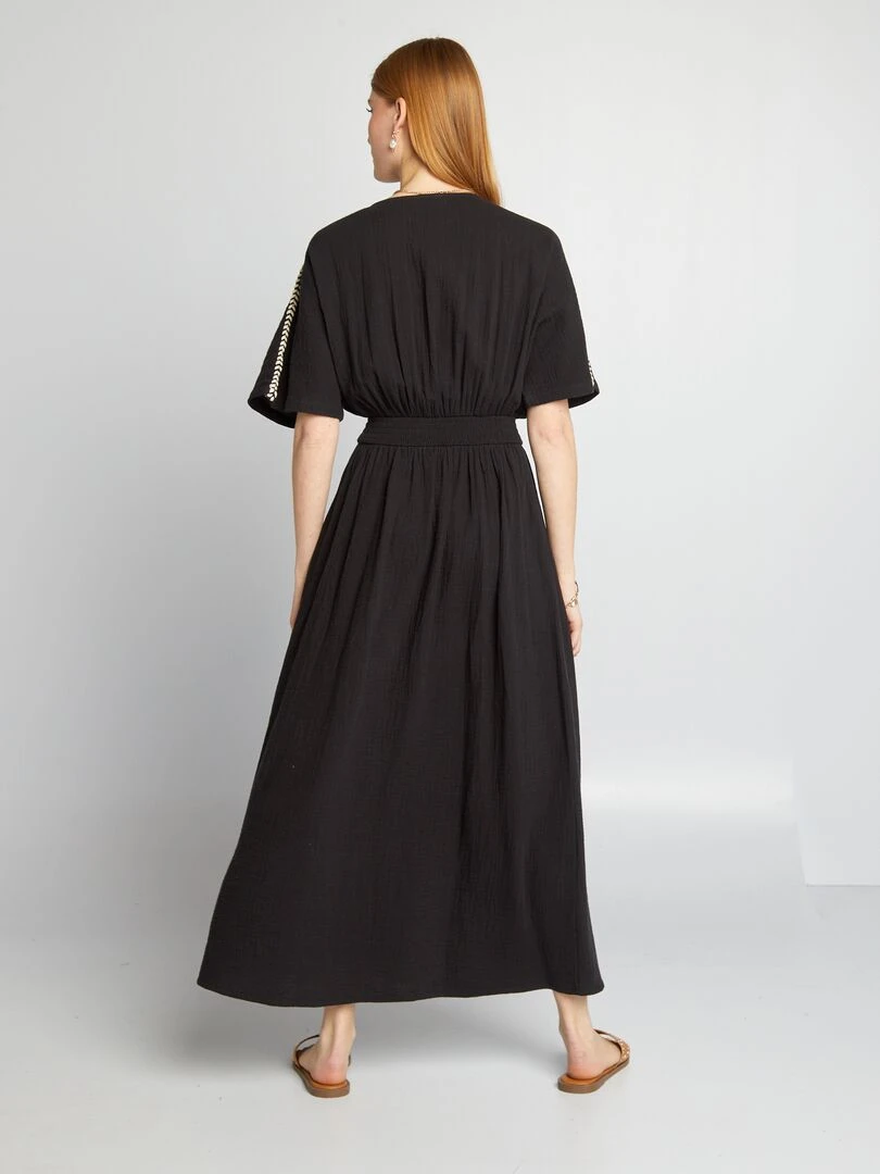 Robe longue en gaze de coton tressée   noir