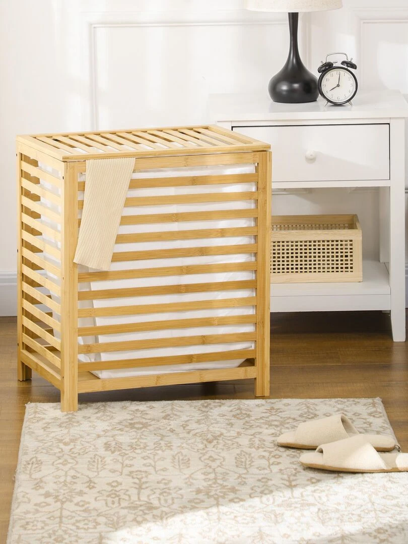 Panier à linge sac en tissu amovible couvercle bambou verni Beige