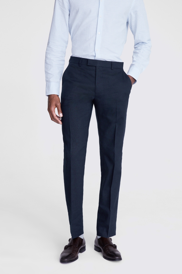 Slim Fit Navy Matte Linen Trousers Buy Online at Moss