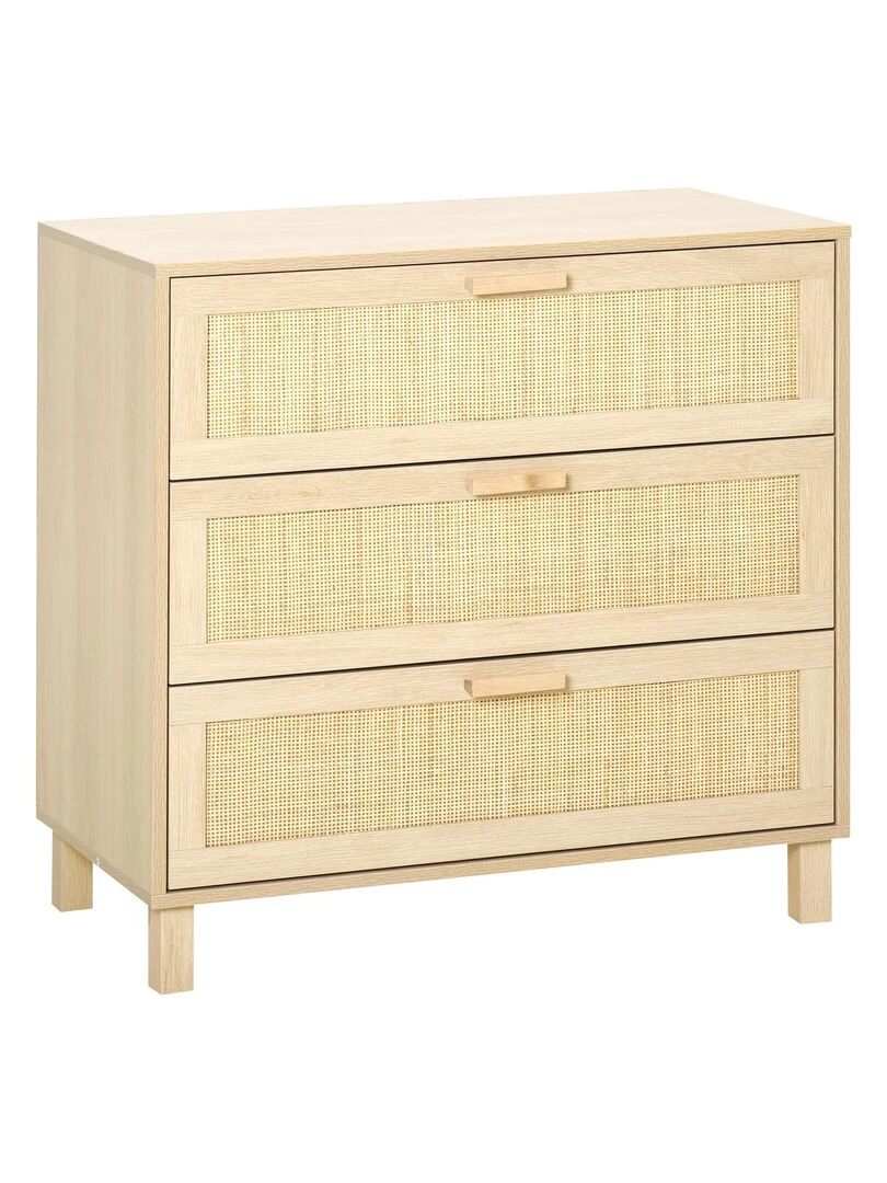 Commode 3 tiroirs cannage en rotin MDF aspect bois clair Beige