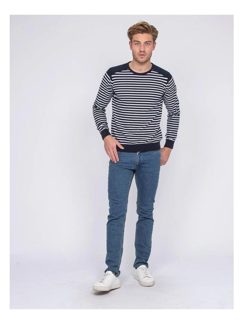 Pull fin col rond rayé coton ADILO   Bleu marine
