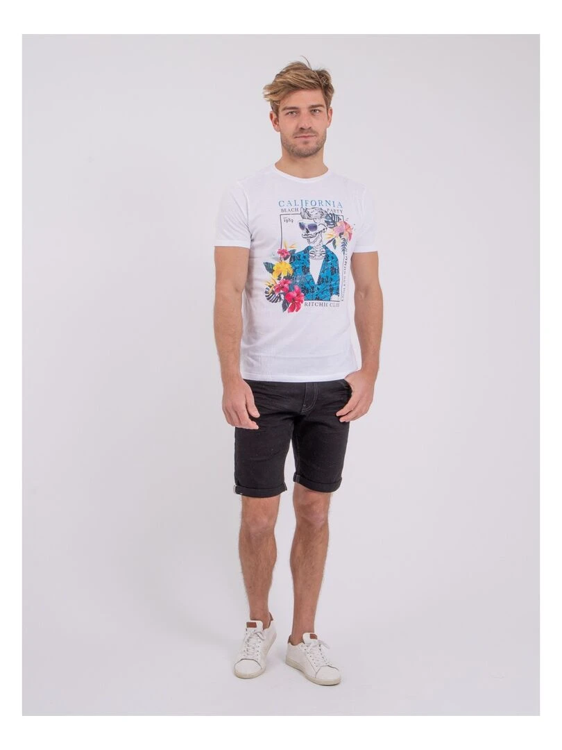 T shirt manches courtes col rond pur coton NUMILAN   Blanc