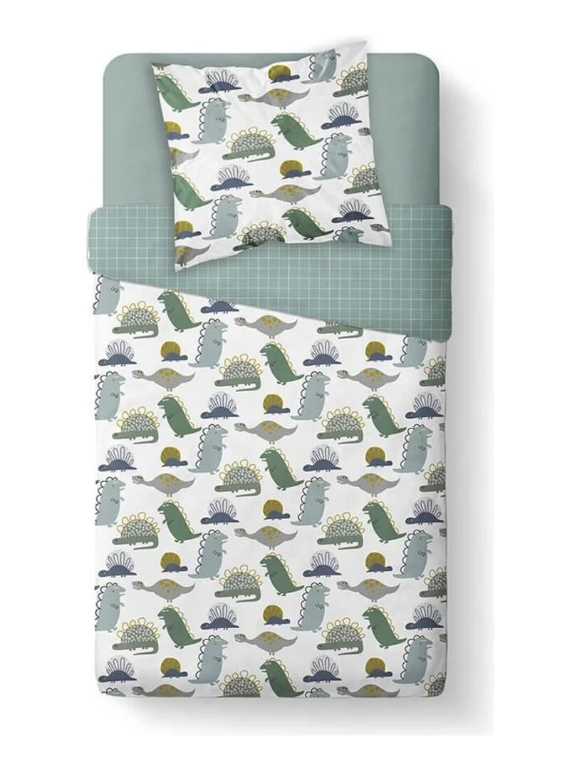 Housse de couette 140x200 Kids Happy Dinorama + 1 taie 100% coton 57 fils   Vert