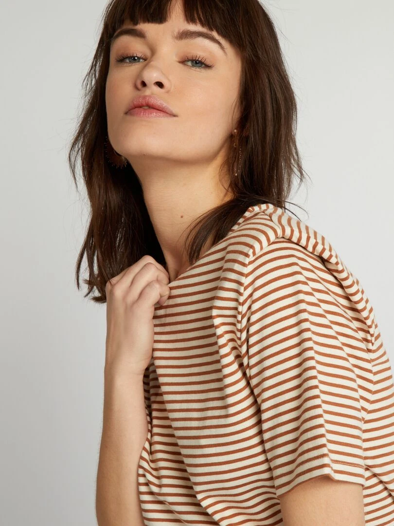 Tee shirt rayé avec épaulettes   Camel