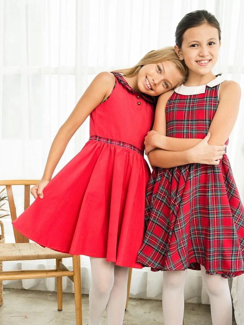 Robe de Noël Fille Velours Rouge Col Claudine en Tartan HEPBURN 'LA FAUTE A VOLTAIRE' Rouge